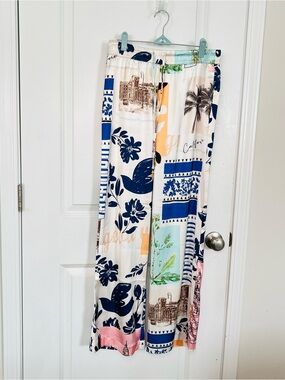 JOIE Vacation Print Elastic Waist Pull On Wide Leg Women’s Pants Sz M Polyester